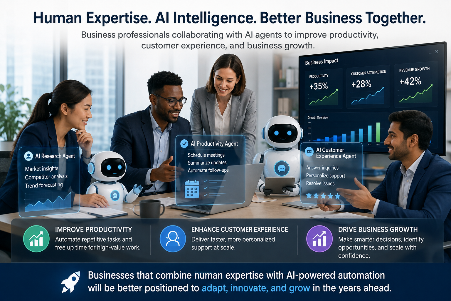 Business professionals collaborating with AI agents to improve productivity, customer experience, and business growth.