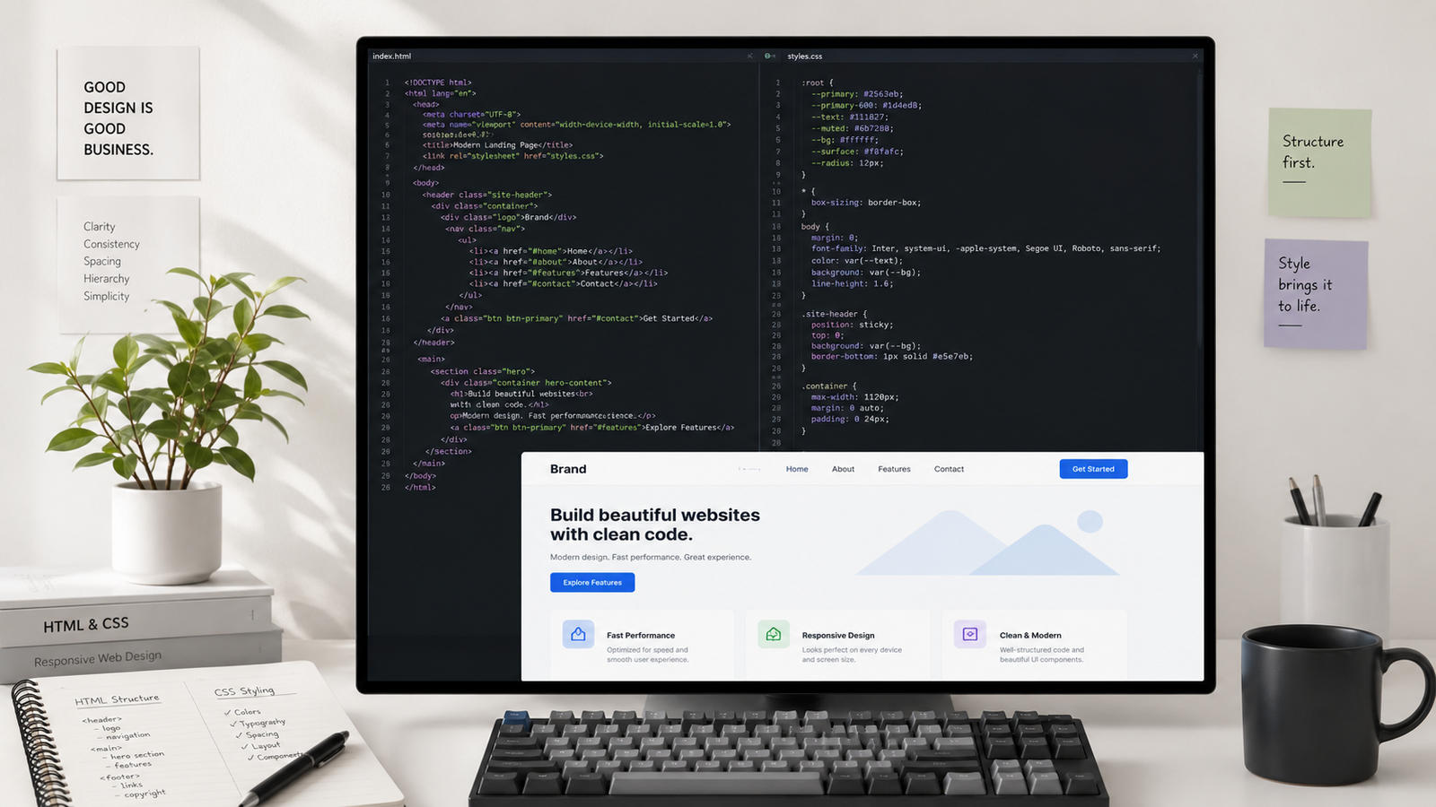 CSS styling applied to an HTML webpage inside a code editor