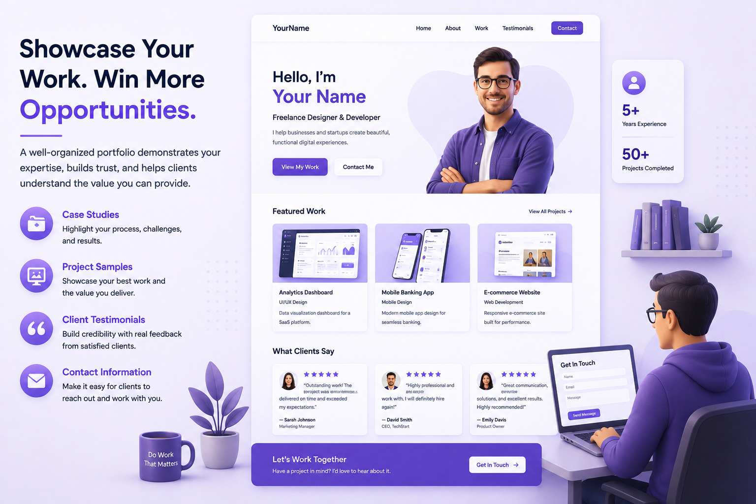 Professional freelance portfolio displaying case studies, project samples, testimonials, and contact information.